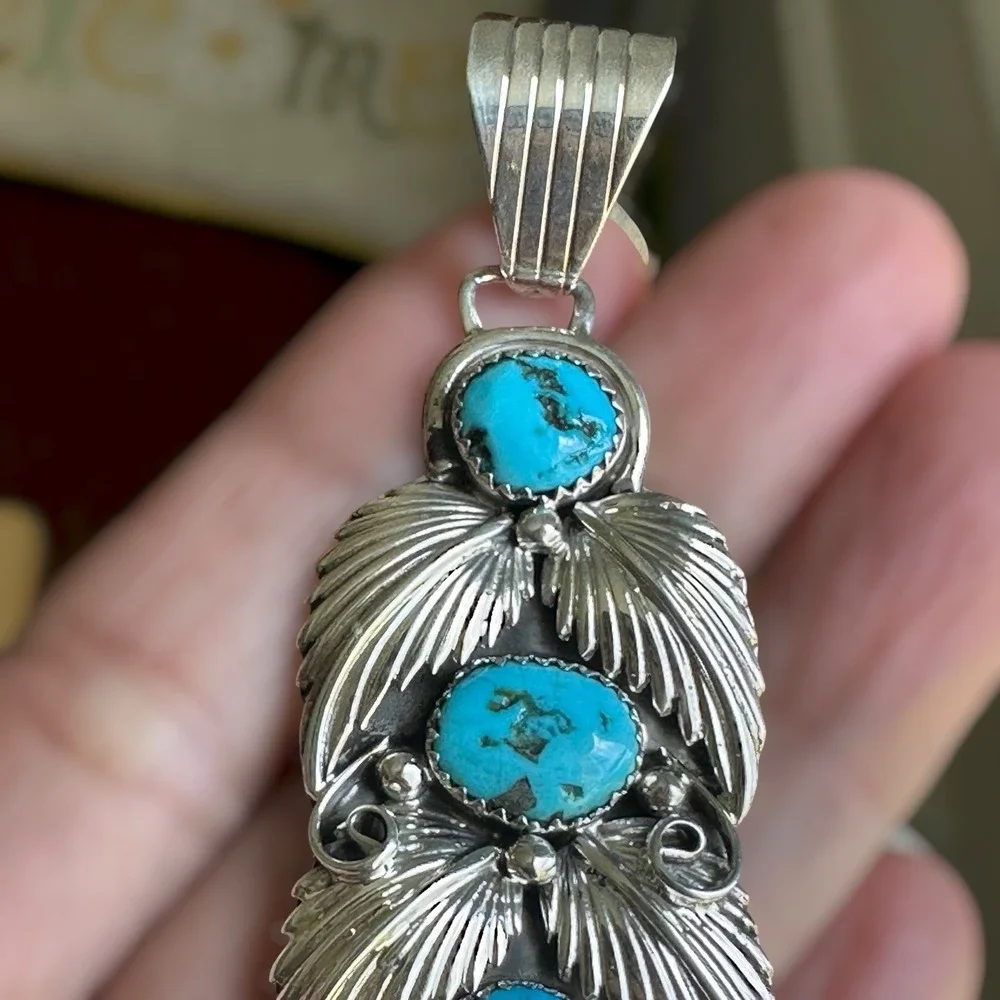 Vintage Running Bear RB Navajo Pendant 3.5 Inch Turquoise 925 Sterling 19.6g NOS